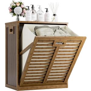 HITNET Bamboo Tilt Out Laundry Hamper, Bathroom Storage Cabinet with Hidden Removable Basket and 3 Sides Cutout Handles, Freestanding Hamper Organizer for Dirty Clothes, Walnut, 21.26" L 13.78" W 25.2" H
