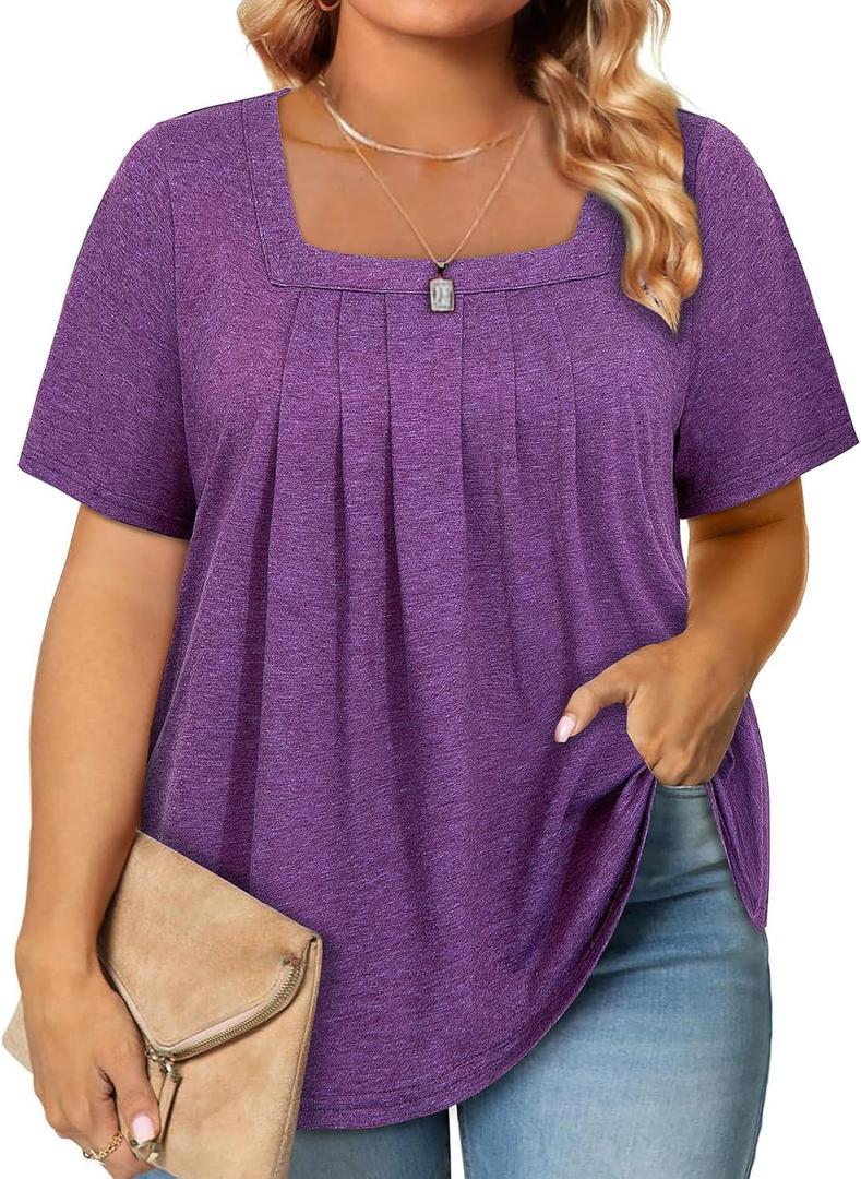 Amrto Plus Size Tops for Women Square Neck Tunic Blouses Summer Short Sleeve Casual Loose Fits Tunic Tops XL-5XL (XX-Large, Purple)