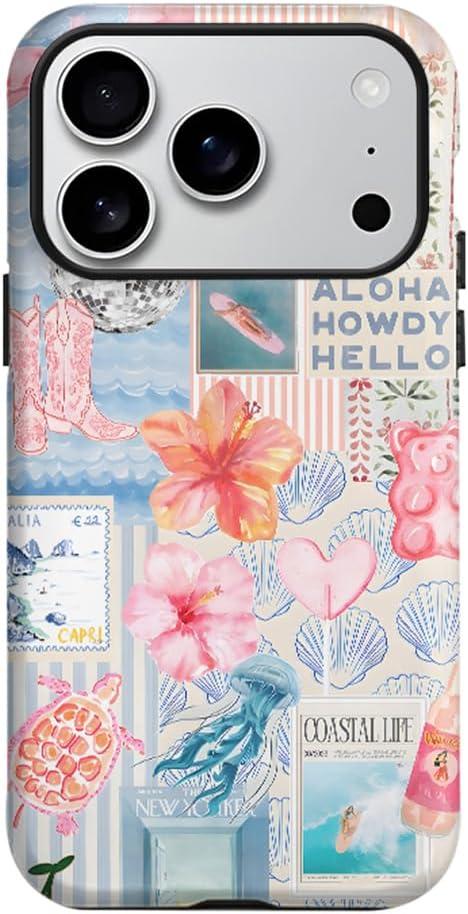 for iPhone 17 Pro Case, Summer Beach Ocean Vintage Seashell Flower Collage Design Cover, Cute Aesthetic Hybrid 2-Layer Hard Shell Shockproof Phone Case for Girls Women 6.3''