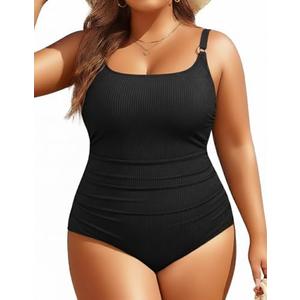 Women's Plus Size One Piece Swimsuit- Tummy Control Bathing Suit Ribbed Square Neck Swimwear 2025 14W
