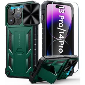 FNTCASE for iPhone 14-Pro Phone Case: Military Grade Drop Proof 13 Pro & 14 Pro Cases Mobile Cover with Kickstand & Slide | Rugged Shockproof Protective Cell Phonecase for Apple 14pro/13pro 6.1'' (Green)