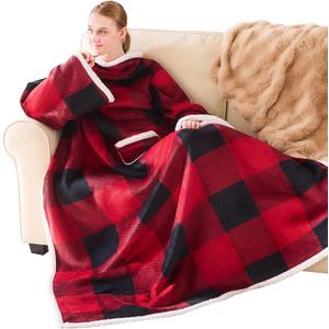 IFNOW Sherpa Wearable Blanket with Sleeves for Women Men Adults, Christmas Birthday Gifts for Women Mom Wife, Cozy Wearable Blanket with Arm and Pocket, Warm Full Body TV Wrap Throw Blanket, Plaid