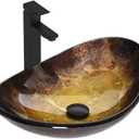 Bathroom Boat Shape Artistic Glass Vessel Sink Free Black Faucet and Pop-up Drain Set, Gold