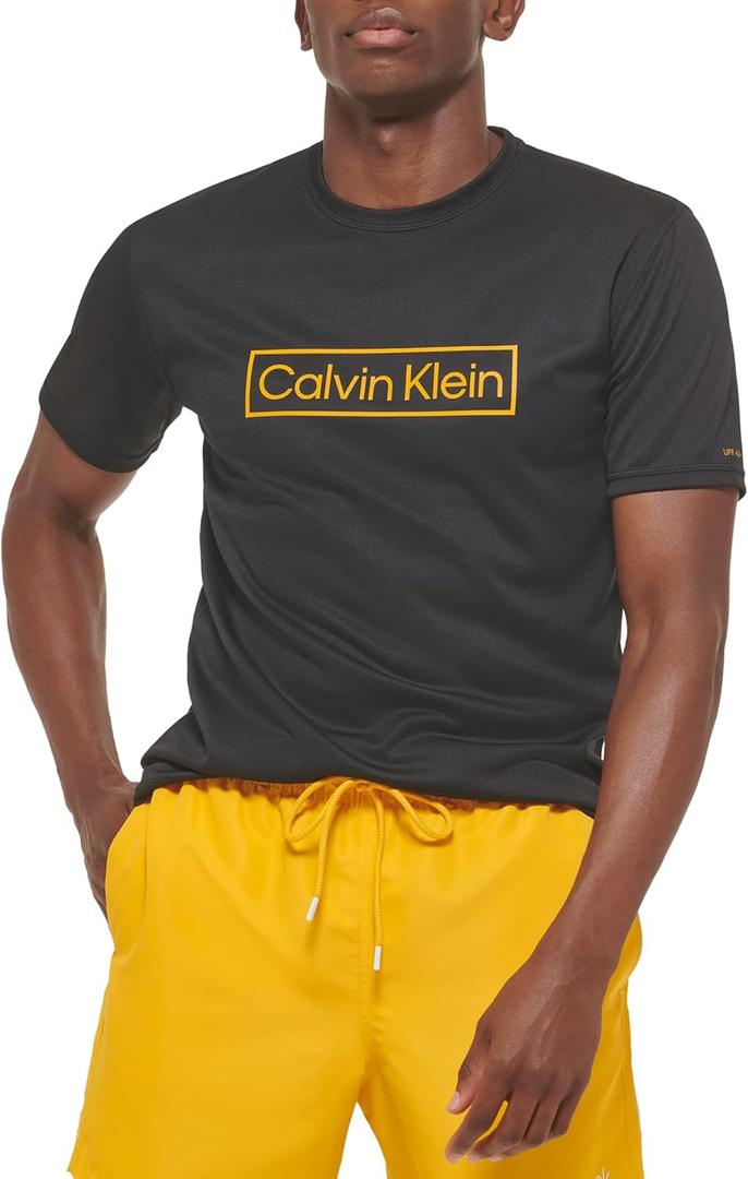 Calvin Klein Men's Standard Light Weight Quick Dry Short Sleeve 40+ UPF Protection Active Top (X-Large, Black Logo)