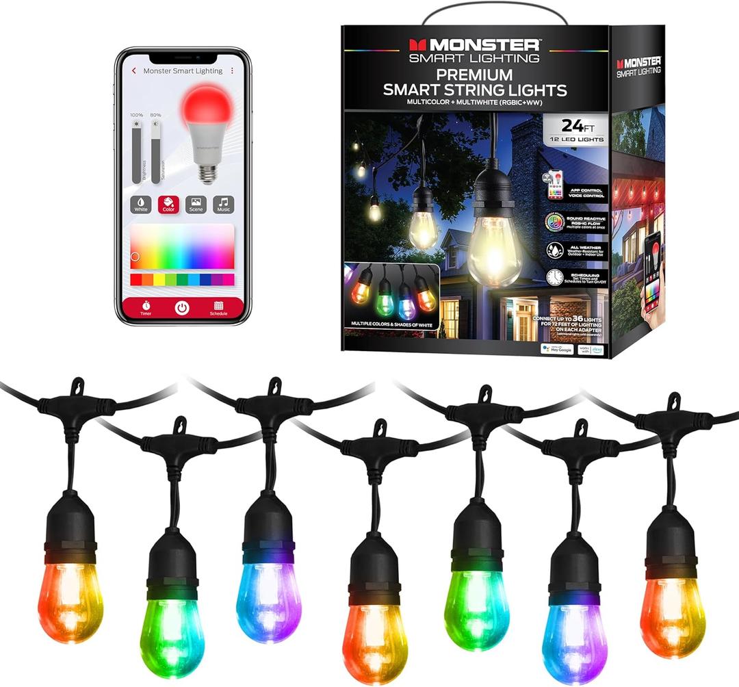 Monster 24 Foot Premium Outdoor Smart RGB+IC+WW String Lights, 12 Bulb Color Flow Dimmable LEDs, Sound Reactive, Water & Weather Resistant, Compatible with Alexa, Siri, Google Home, App