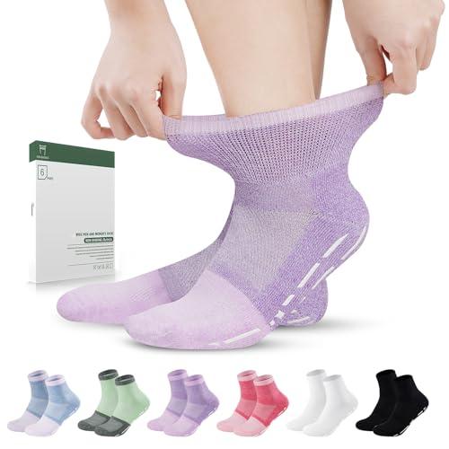 Bulinlulu Diabetic Socks with Grippers for Men Women -6 Pairs Non Binding Diabetic Ankle Slipper Socks Size 6-9 9-12(Bright-Medium)