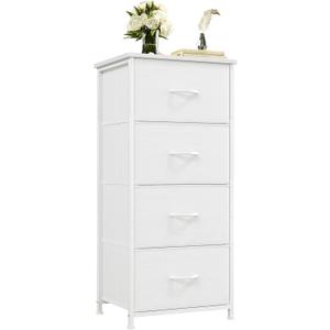 Somdot Dresser for Bedroom with 4 Drawers, Storage Organizer Chest of Drawers with Removable Fabric Bins for Closet Bedside Living Room Laundry Entryway Hallway, White Leather