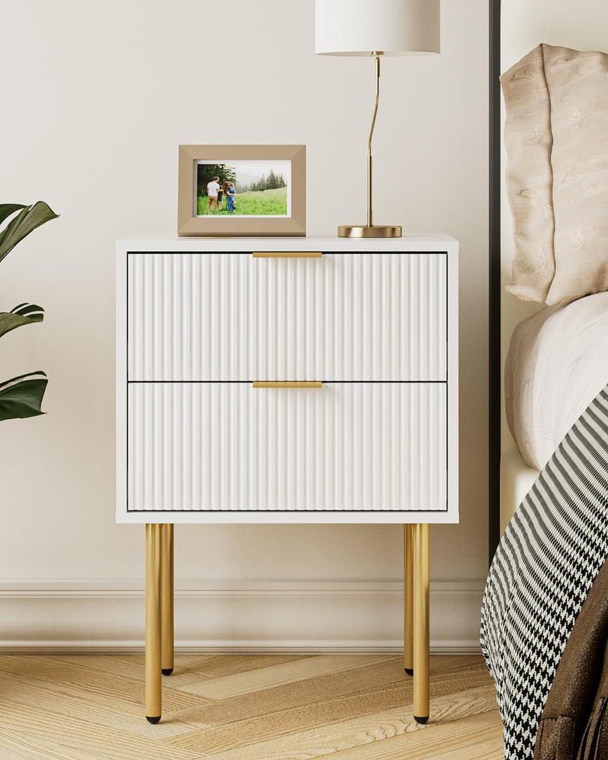 Night Stand, Modern Nightstand with Drawers, Bedside Table, Gold Small Side Table for Bedroom, Living Room End Table (White Stripe, 2 Drawers)