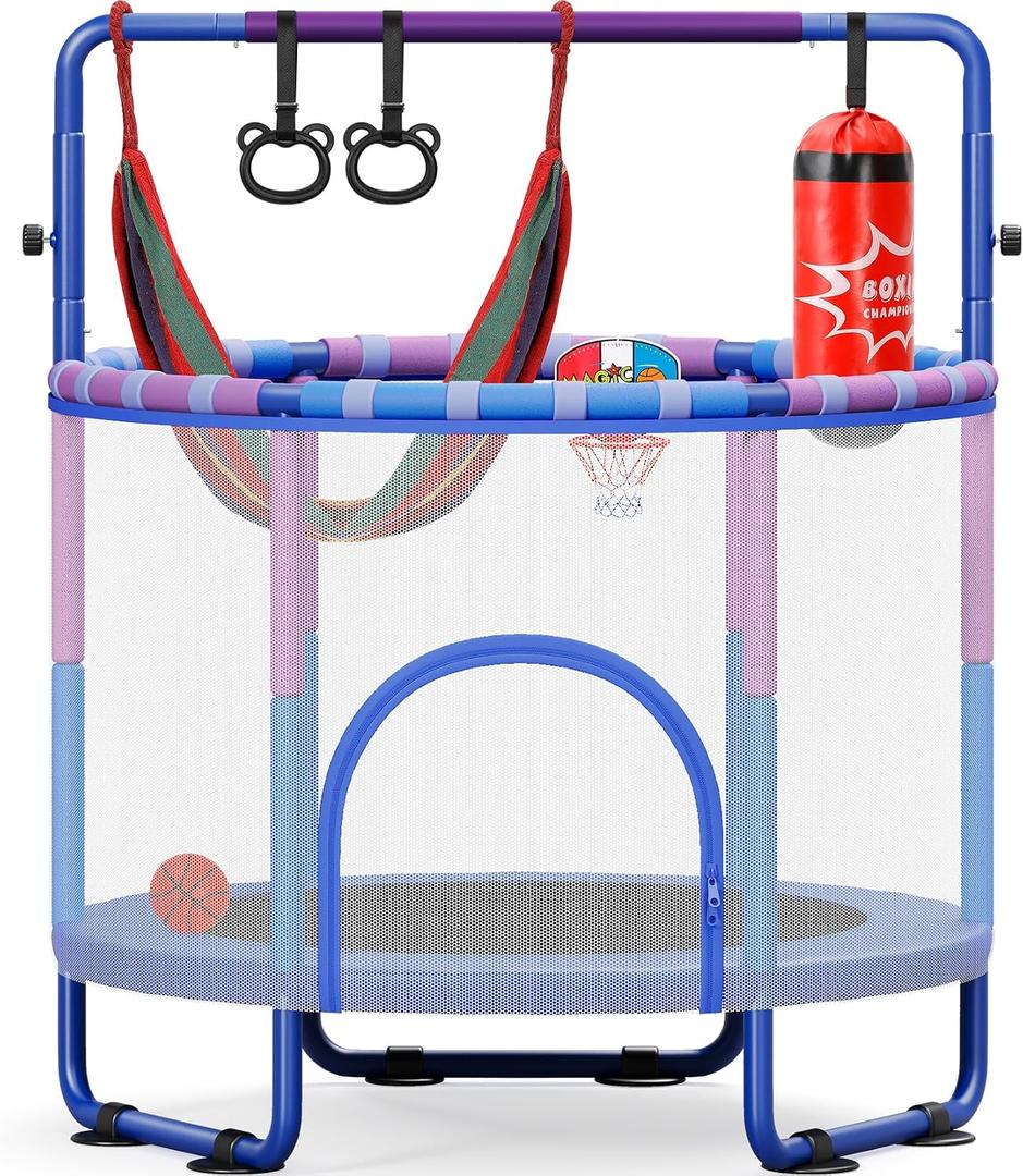 Yohood 55" Trampoline for Kids with Enclosure, 6-in-1 Toddler Trampoline Indoor Outdoor, Upgrade Full Anti-Rust Tube with Adjustable Gymnastics Bars for Boys Girls