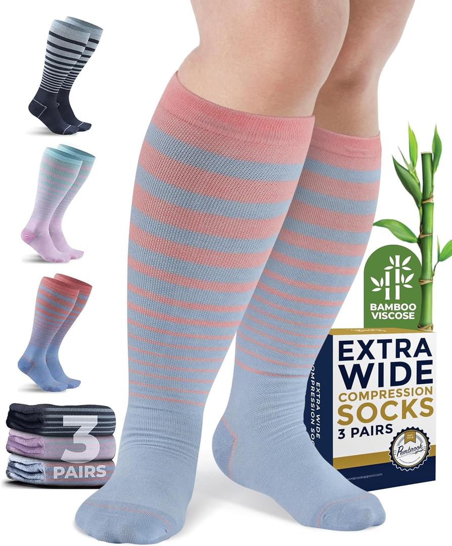 Pembrook 3 Pairs Plus Size Compression Socks for Women - Bamboo Viscose Wide Calf Socks for Women, Pastel Stripes (4X-Large)