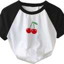 SweatyRocks Women's Color Block Cherry Graphic Tees Crop Top Summer Raglan Sleeve T Shirts (White, XS)