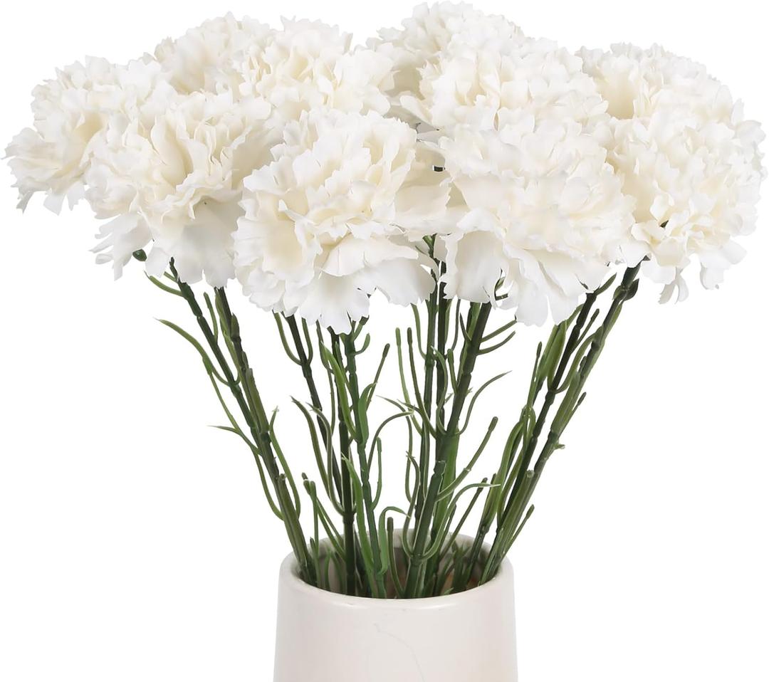 Vintage White Carnations - 12PCS Silk Fake Flowers for Wedding Centerpieces, Bridal Shower, Dining Table, Home Party, Birthday Decor