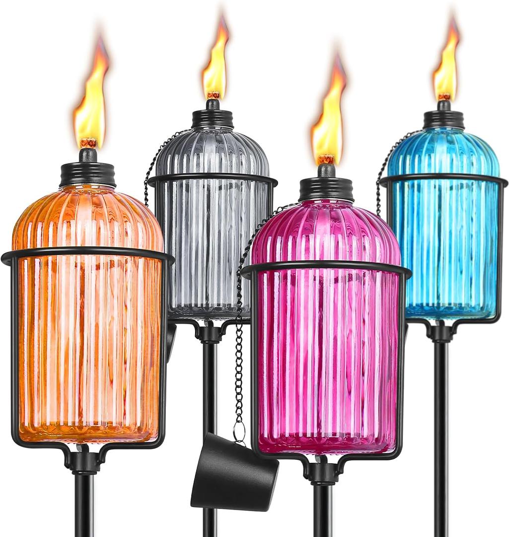 4 Pack Glass Garden Torch, 13.5 oz Colorful Outdoor Torch Garden Dcor, 61-Inch Upgraded Citronella Torches with 3-Prong Grounded Stake, Metal Light Torches for Party Patio Pathway