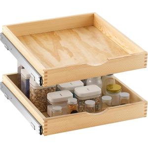 Menkxi 2 Set Wooden Pull out Cabinet Organizer Fully Assembled Slide out Pantry Drawer with Gentle Close Storage Shelf Tray for Base Kitchen Under Sink Bathroom Accessory(Wood Color,21'' X 21'' X 3'')