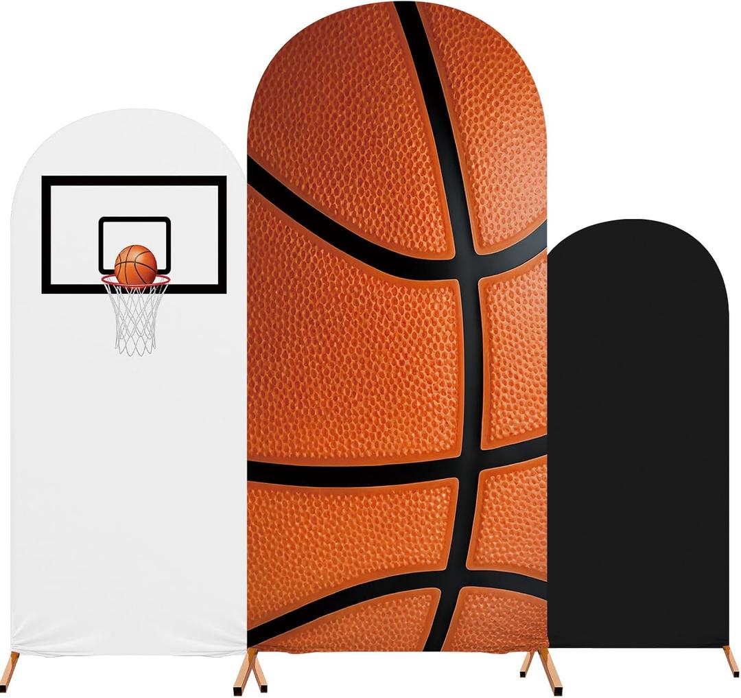 Tingjoo 3 Pcs Classic Basketball Arch Backdrop Stand Cover Spandex Fitted Sports Theme Birthday Arch Cover 4ft, 5ft, 6ft Photo Background Props for Birthday Party Decoration