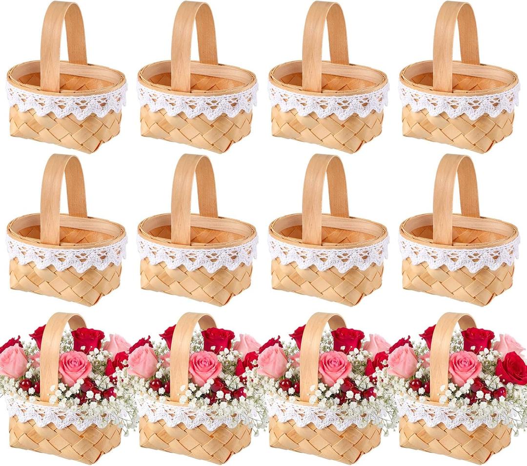 Geelin 12 Pcs Mini Flower Girl Basket Mini Woven Baskets with Handles Rustic Elegant Flower Holder for Wedding Party, Home Decoration, Garden Decor and DIY Decor