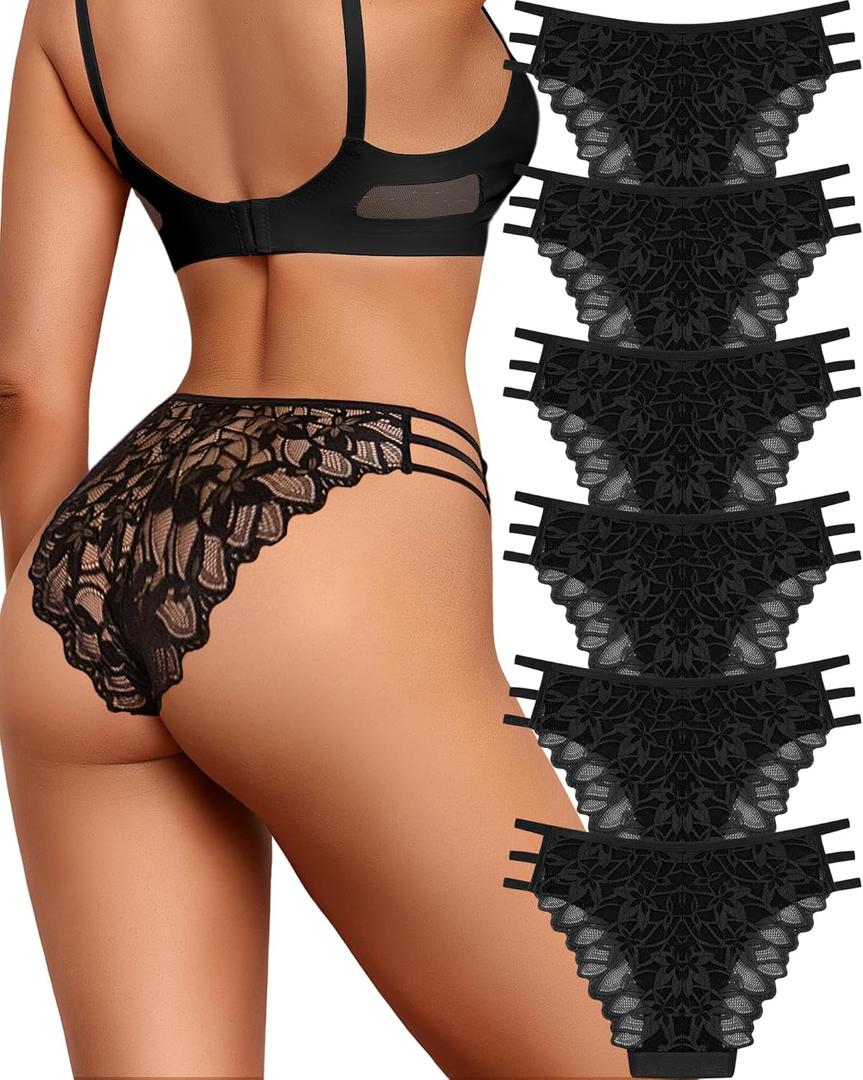 Sexy Lace String Underwear Women Pack Cheeky Bikini Stretch Breathable Ladies Underwear Panties (XX-Large, Black*6)