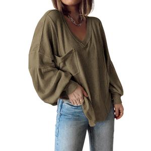 BTFBM Womens Fall Fashion 2025 Long Sleeve Shirts Casual V Neck Ribbed Knit Blouses Pullover Trendy Loose Fit Tunic Tops (Green, XL)