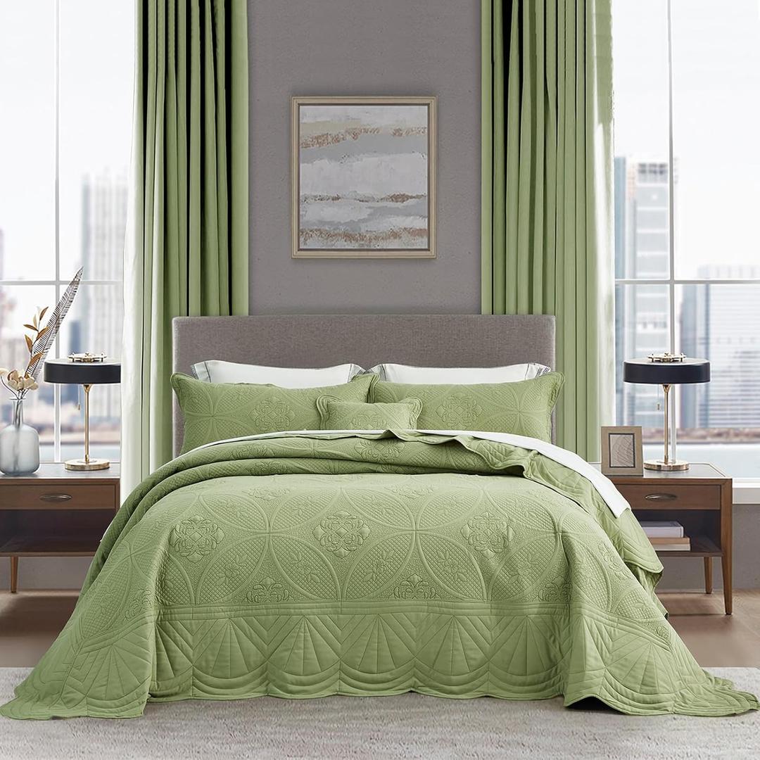 DaisyHuang Oversized Bedspread - Queen Size Bedding Cover - Modern & Contemporary Coverlet Set, Real Stitching, Reversible, Lightweight, 5 Piece, Sage Green