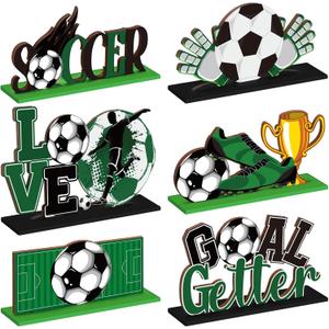 Suzile 6 Pcs Soccer Table Top Decorations Centerpieces Wooden Green Black Football Sign Soccer Theme Birthday Party Decor Detachable Football Tabletop Decor for Boys Kids Bday Party