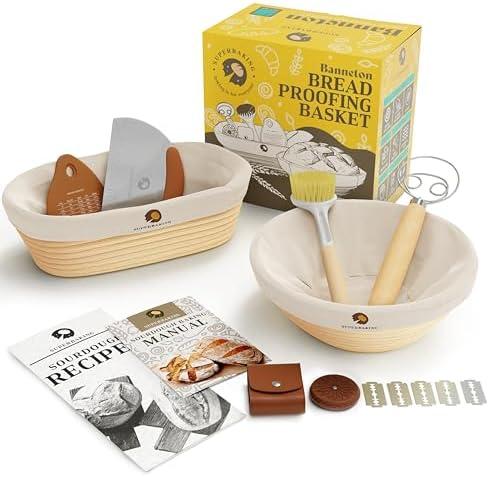 Superbaking Sourdough Proofing Basket Gift Set, Round 9" & Oval 10" Banneton, Sourdough Starter Kit, Sourdough Banneton Basket, Banneton Bread Proofing Basket Set of 2, Sourdough Bread Baking Supplies