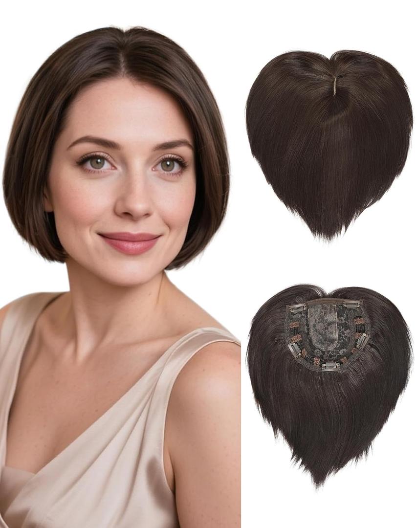 QUEENTAS Brown Hair Topper for Women with Thinning Hair Pieces 6"*6"Large Coverage 3603D Cover Silver Synthetic Short Bob with 5 Clips in Wiglets(Brown)