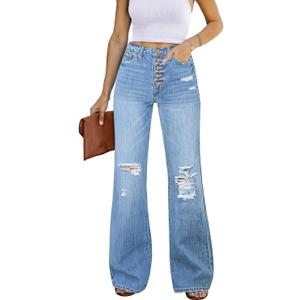 Utyful Women's High Waist Relaxed Fit Ripped Jeans Stretchy Flare Jeans Denim Pants (Cool Blue)