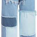 WDIRARA Women's Color Block Patchwork Jeans Raw Trim Zipper Fly Straight Leg Denim Pants (Medium, Dark Blue)