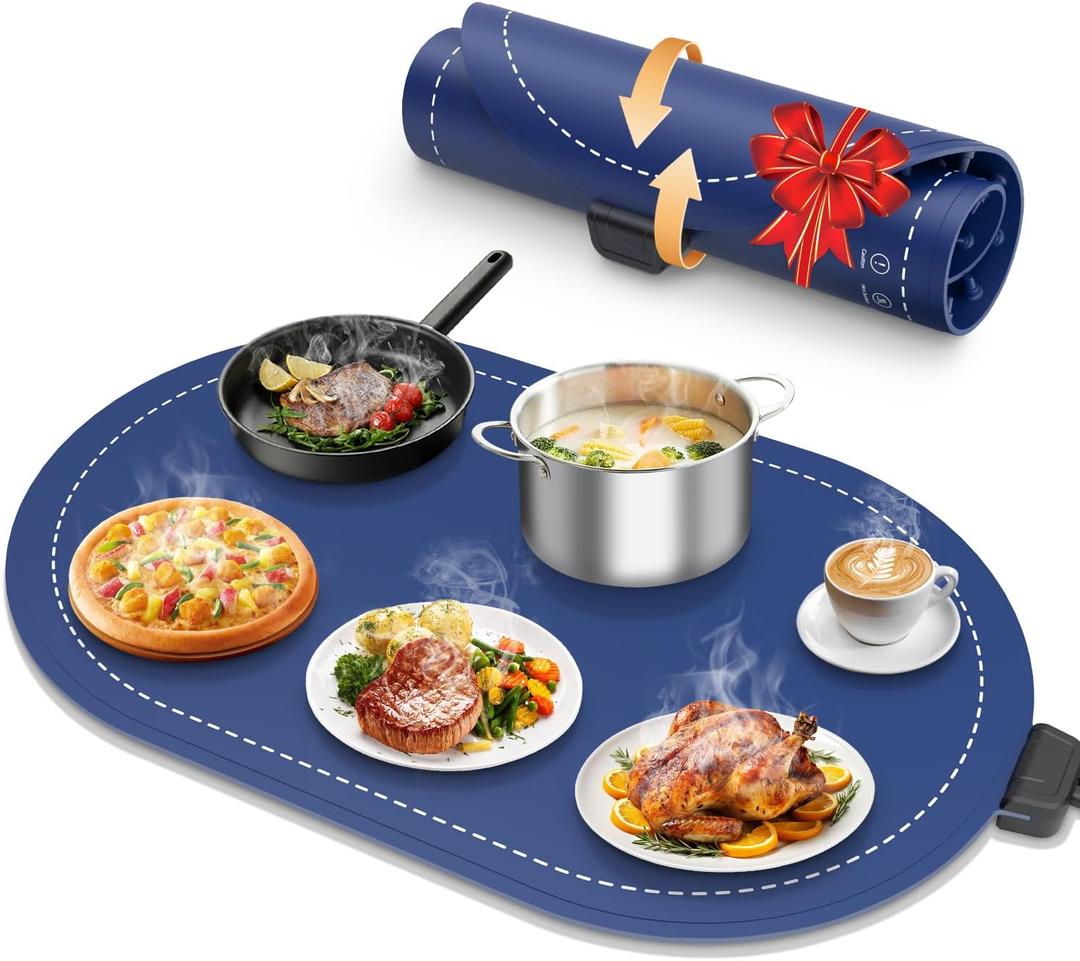 Warming Mat for Food with Adjustable Temperature Timer,10S Fast Heating Silicone Food Warmers for Parties Buffet and Home Daily,Food Warming Mat with Insulating Pad Raised Feet Protects Table (24"x15", Blue)