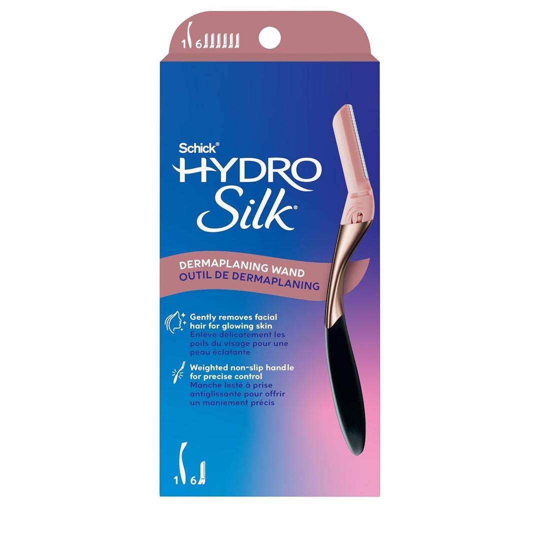 Schick Hydro Silk Dermaplaning Wand, Dermaplaning Tool for Face | Dermaplane Razor for Women Face, Eyebrow Razor, Peach Fuzz Remover, Includes 1 Weighted Metal Handle with 6 Refill Blades
