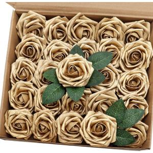 Artificial Flowers 25PCS Real Looking Gold Roses Fake Roses with Stem for DIY Wedding Bouquets Centerpieces Party Baby Shower Home Decorations