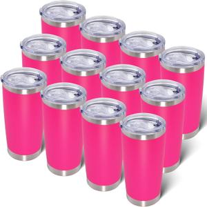20oz Tumbler Bulk Stainless Steel Tumblers with Lid Vacuum Insulated Double Wall Travel Coffee Mug Powder Coated Tumbler Cup for Hot and Cold Drinks(Hot Pink, 12 pack)