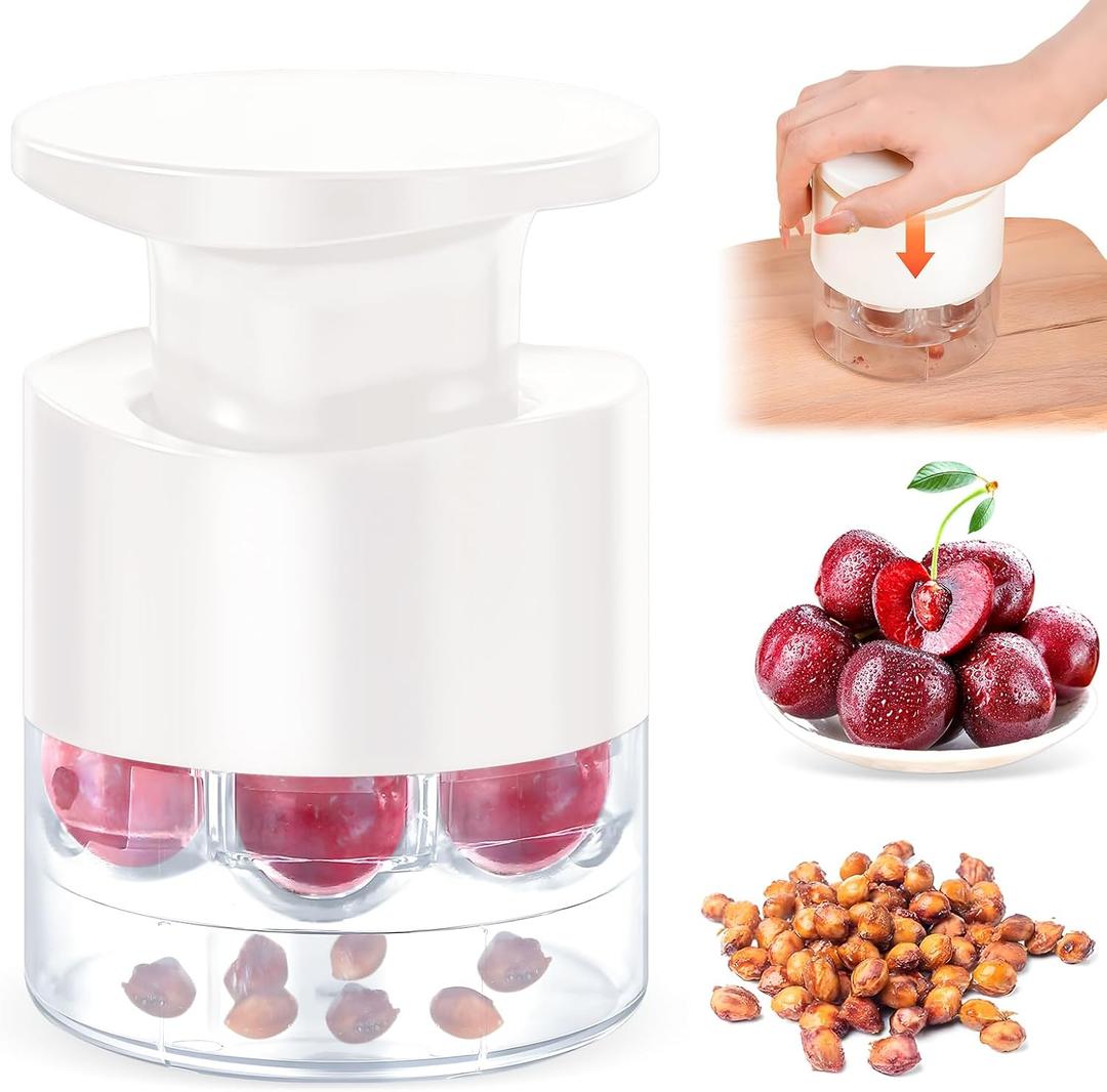 Cherry Pitter Multiple,2025 Quickly Release Multi Cherries Stoner Pitter,7-Hole Push Button Cherr'y Core Pit'ter Tool with Splatter Protector,Pit Seed Remover for Making Cherry Jam, White