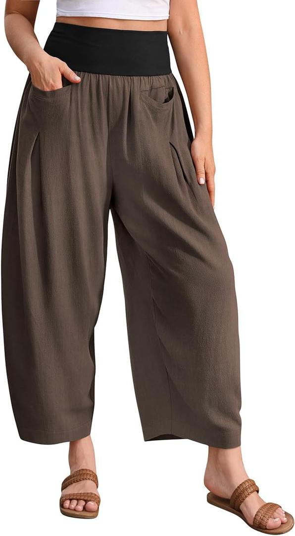 TARSE Womens Linen Harem Pants Loose Fit Boho Casual Trousers Wide Leg Lounge Pants with Pockets (X-Large, Dark Coffee)