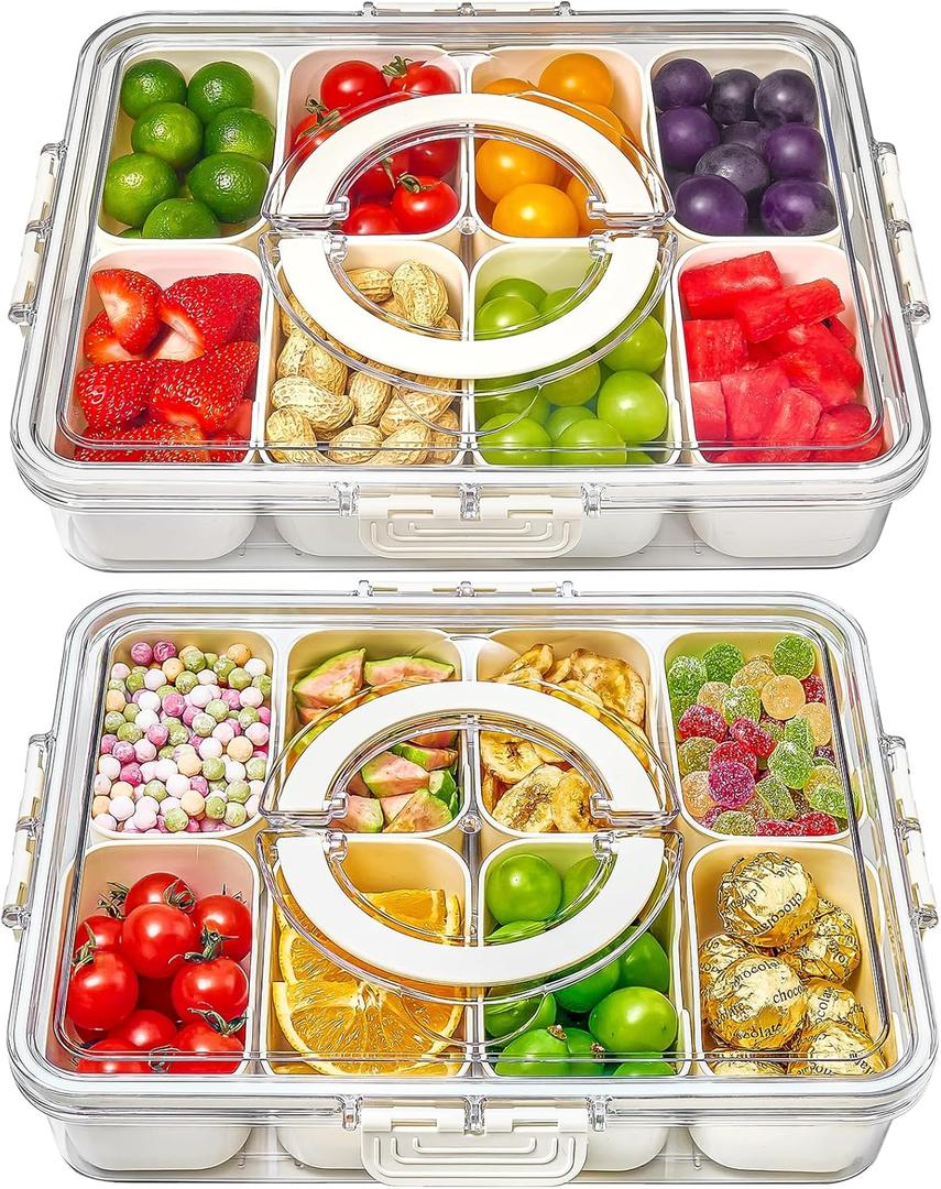 Mfacoy Snackle Box Container, 2 Pack Divided Serving Tray with Lid and Handle, Snack Box Charcuterie Container for Portable Snack Platters, Clear Organizer for Candy, Fruits, Travel, Party, Picnic, Milky Light