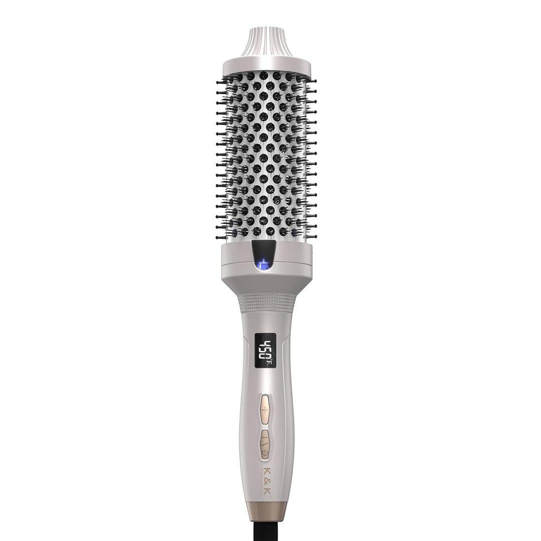 K&K Thermal Brush Heated Round Brush - Blowout Look Volumizer with 1.7 inch Heated Round for Hair Styler Tool Hair Straightener and Curler 2 in 1 Dual Voltage Temperture Contronal (Silver, 1.7 Inch)