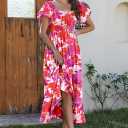 Duigluw Women's Casual Summer Midi Dresses 2025 Puffy Short Sleeve U Neck Boho Floral Flowy Maxi Dress (Large)