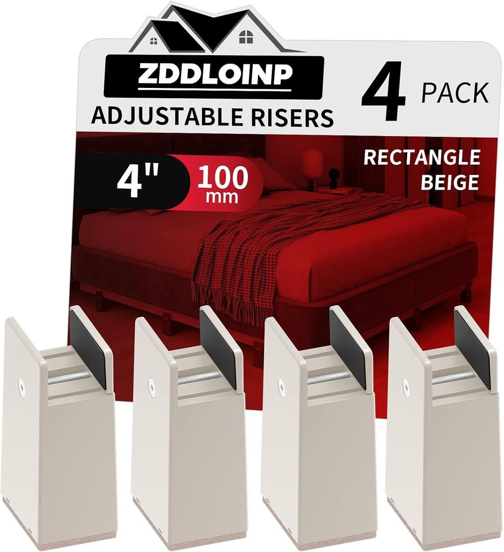 Bed Risers with Adjustable Screw Clamp, Fits Thickness of Furniture Frame from 0 to 1.5 Inch, Elevation in Heights 4" Heavy Duty Risers for Table Cabinet Dresser Support up to 5000lbs (4Pack, Beige)