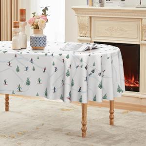 Horaldaily Christmas Tablecloth 60x84 Inch Oval, Cable Car Ski Tree Washable Table Cover for Party Picnic Dinner Decor (White)