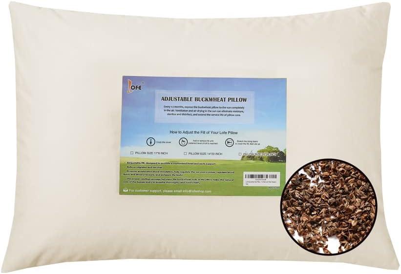 LOFE Organic Buckwheat Pillow for Sleeping - Queen Size 20''x26'', Adjustable Loft, Breathable for Cool Sleep, Cervical Support for Back and Side Sleepers(Tartary Buckwheat Hulls) (Off White(pure))