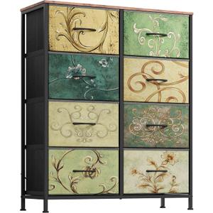 WLIVE Tall Fabric Dresser with 8 Drawers, Storage Tower with Fabric Bins, Double Dresser, Chest of Drawers for Closet, Bedroom, Living Room, Hallway, Dorm, Floral Painted