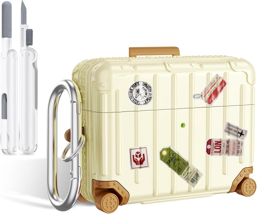 KOREDA Compatible with AirPods Pro 3 Case Cover, Cute Funny Suitcase Design Case for AirPods Pro 3rd Generation, Fashion Protective Hard Case for Women Men with Keychain and Cleaner Kit (Beige)