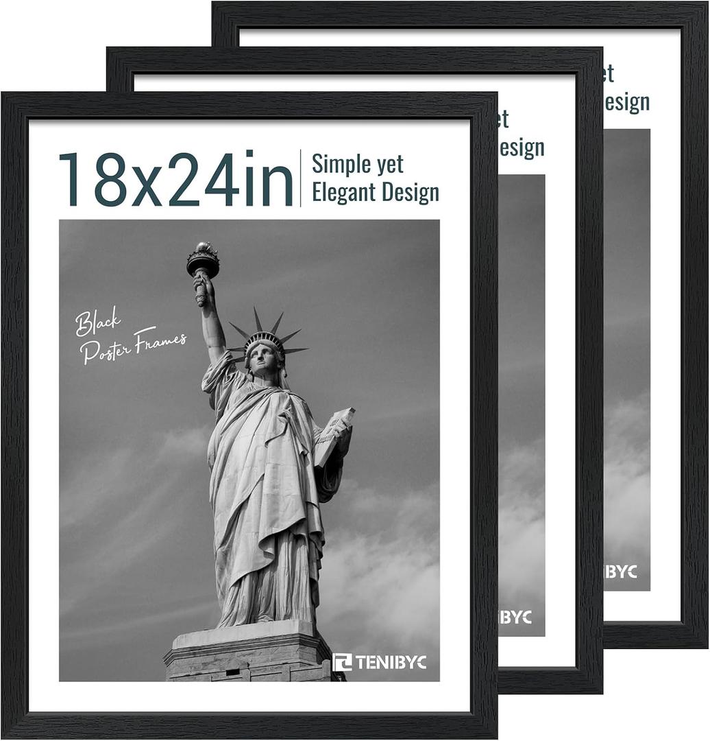 18x24 Poster Frame 3 Pack - Black Woodgrain, Solid Wood Gallery Picture Frame - Wall Hanging