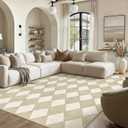 8x10 Checkered Area Rugs for Living Room Beige Machine Washable Large Rug Non-Slip Stain Resistant Low Pile Boho Accent Indoor Throw Carpet for Bedroom Dining Room Home Aesthetic Decor