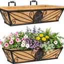 2 Pack 24 Inch Railing Planter Boxes with Coco Liner, Floral Scroll Metal Window Box Planters for Outdoor Plants, Black Hanging Window Baskets for Garden, Patio, Balcony Railing Decor