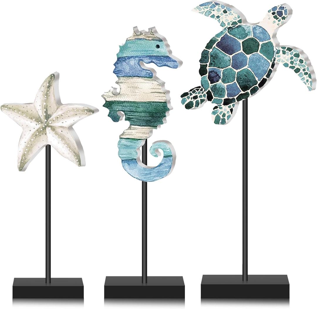 Tradder 3 Pcs Summer Ocean Tabletop Decor Standing Sea Turtle Starfish Seahorse Block Wooden Table Centerpiece Sign Coastal Beach Nautical Table Decor for Home Kitchen