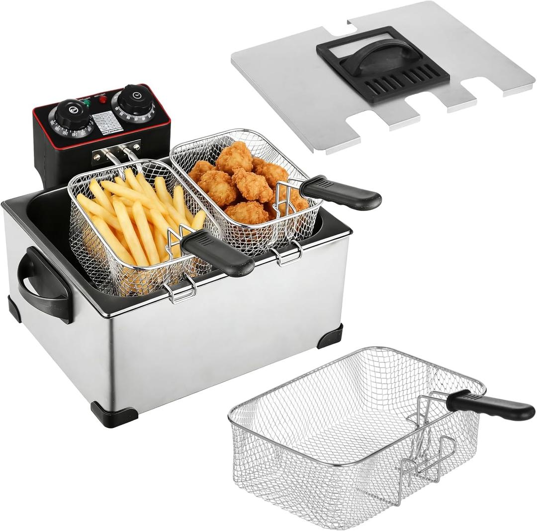 5L Stainless Steel Deep Fryer, 2000W Electric Frying Machine with 1 Large 2 Small Baskets, Adjustable Temperature and Timer, Viewing Window Lid, 21 Cups Countertop Deep Fryer Home Use
