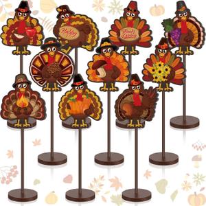Geelin 10 Pcs Thanksgiving Turkey Decoration Wooden Turkeys Thanksgiving Table Sign Centerpiece Wood Tall Standing Block Set for Party Farmhouse Office Harvest Day Desk Decoration(Mature Turkey)