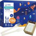 CORAL Ivory White 100% Compostable Forks - 120 Heavy Duty Forks (7.0 inch) - Break Resistant with Smooth Edges, Ocean Friendly Alternative to Plastic Silverware - Biodegradable & Disposable Forks