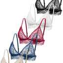 Lace Bralettes for Women No Underwire Sexy Triangle See Thru V Neck Unpadded Bra (Pack of 5 (Black+white+red+blue+nude)), Size XL